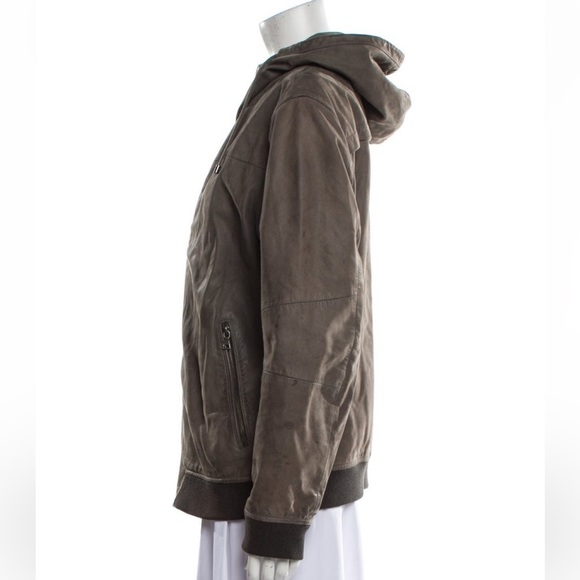 VINCE. Grey brown leather bomber jacket w hood size large women’s hooded bomber - Picture 3 of 6